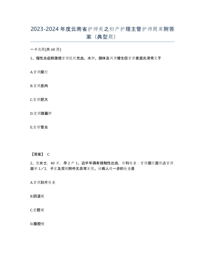 2023-2024年度云南省护师类之妇产护理主管护师题库附答案典型题