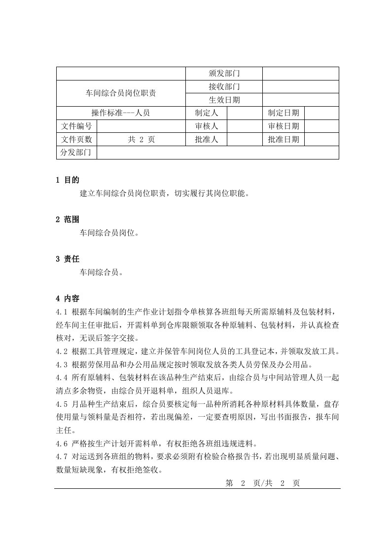 生产管理-20车间综合员岗位职责