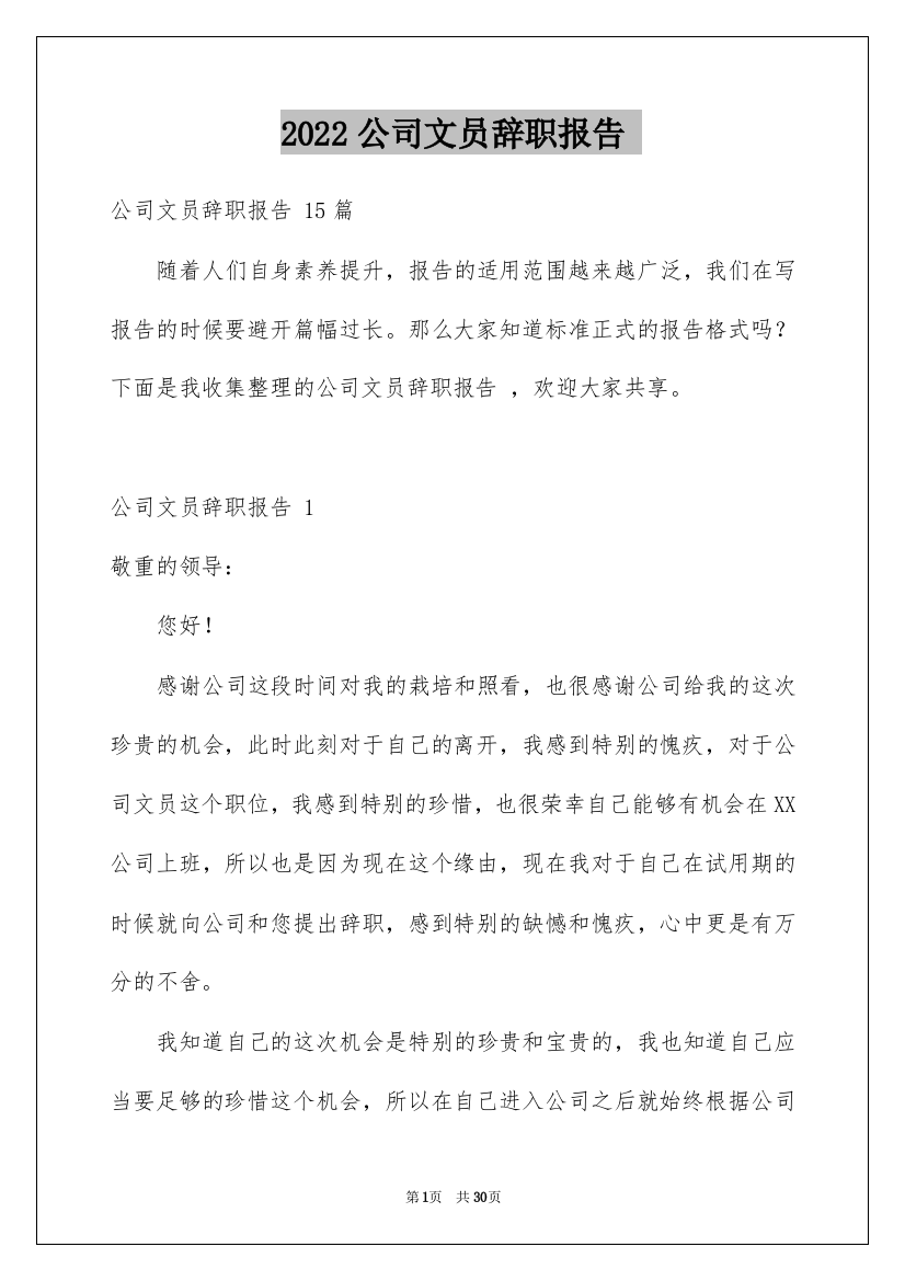 2022公司文员辞职报告