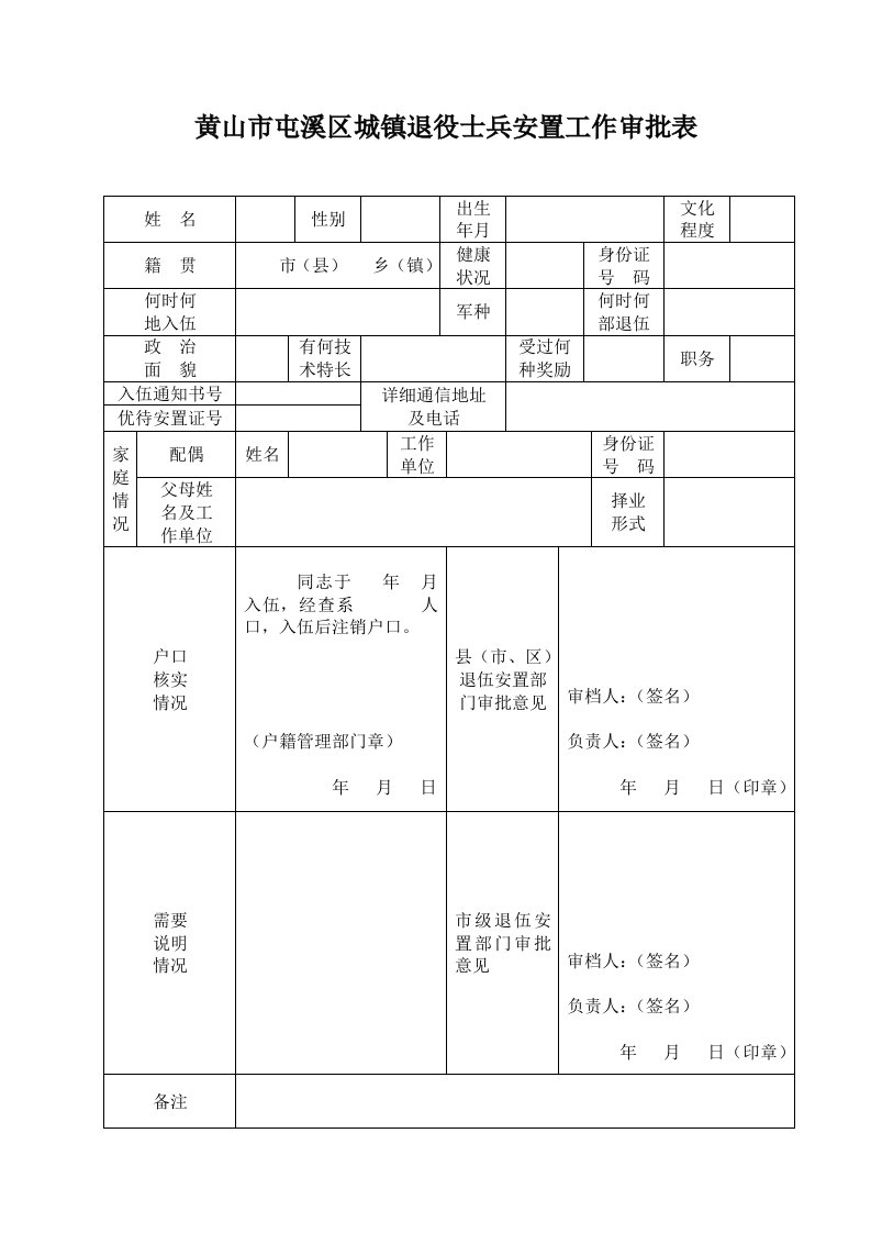 黄山市屯溪区城镇退役士兵安置工作审批表