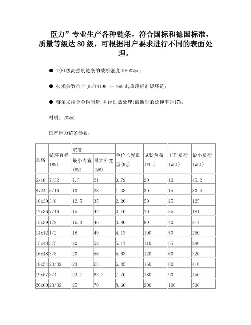 起重短环链条参数