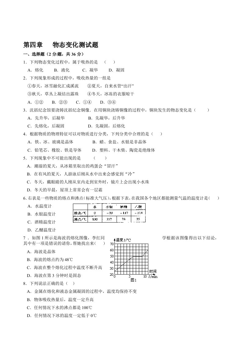 八年级上物理物态变化测试题(附答案)