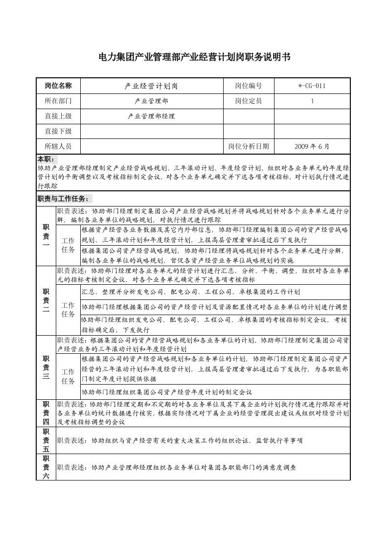 电力集团产业管理部产业经营计划岗职务说明书