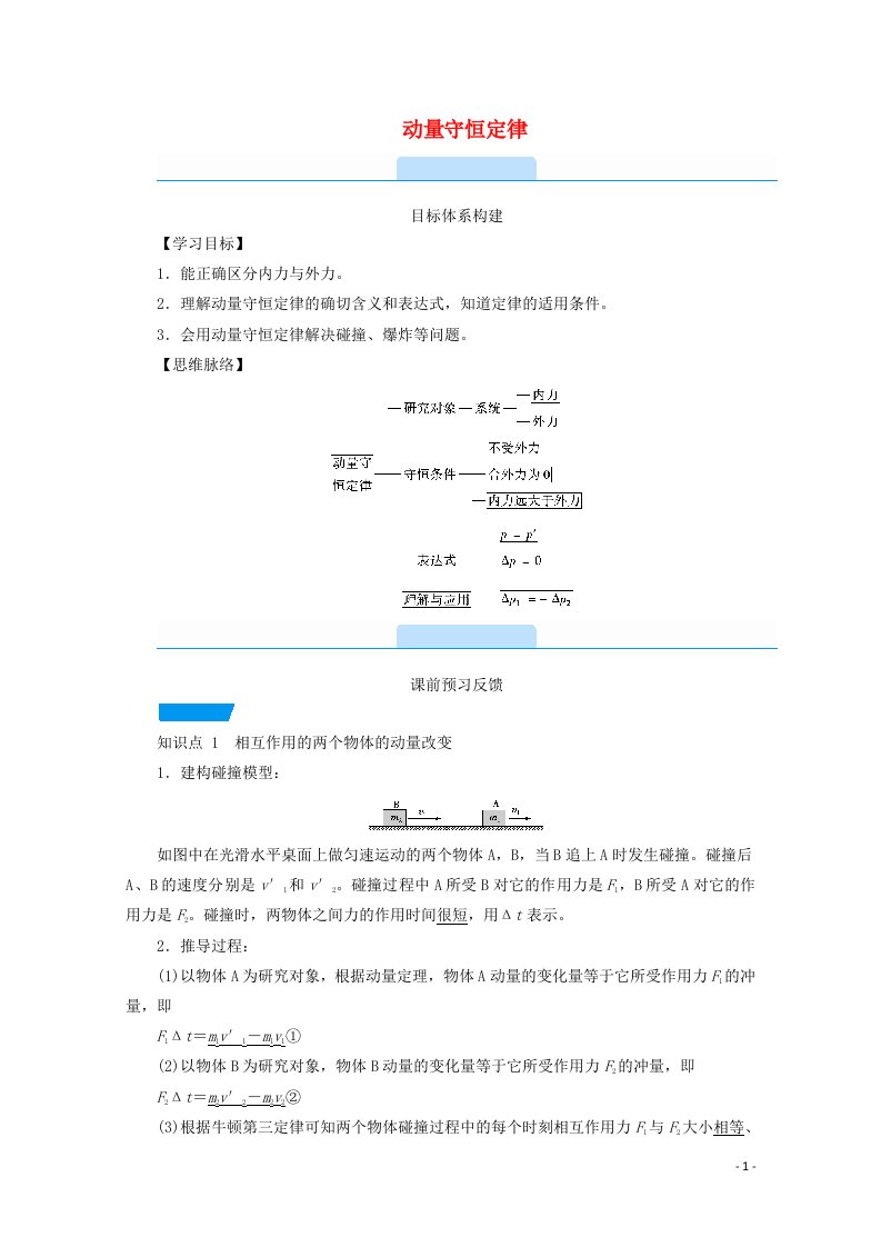 2020_2021年新教材高中物理第一章动量守恒定律3动量守恒定律学案新人教版选择性必修第一册