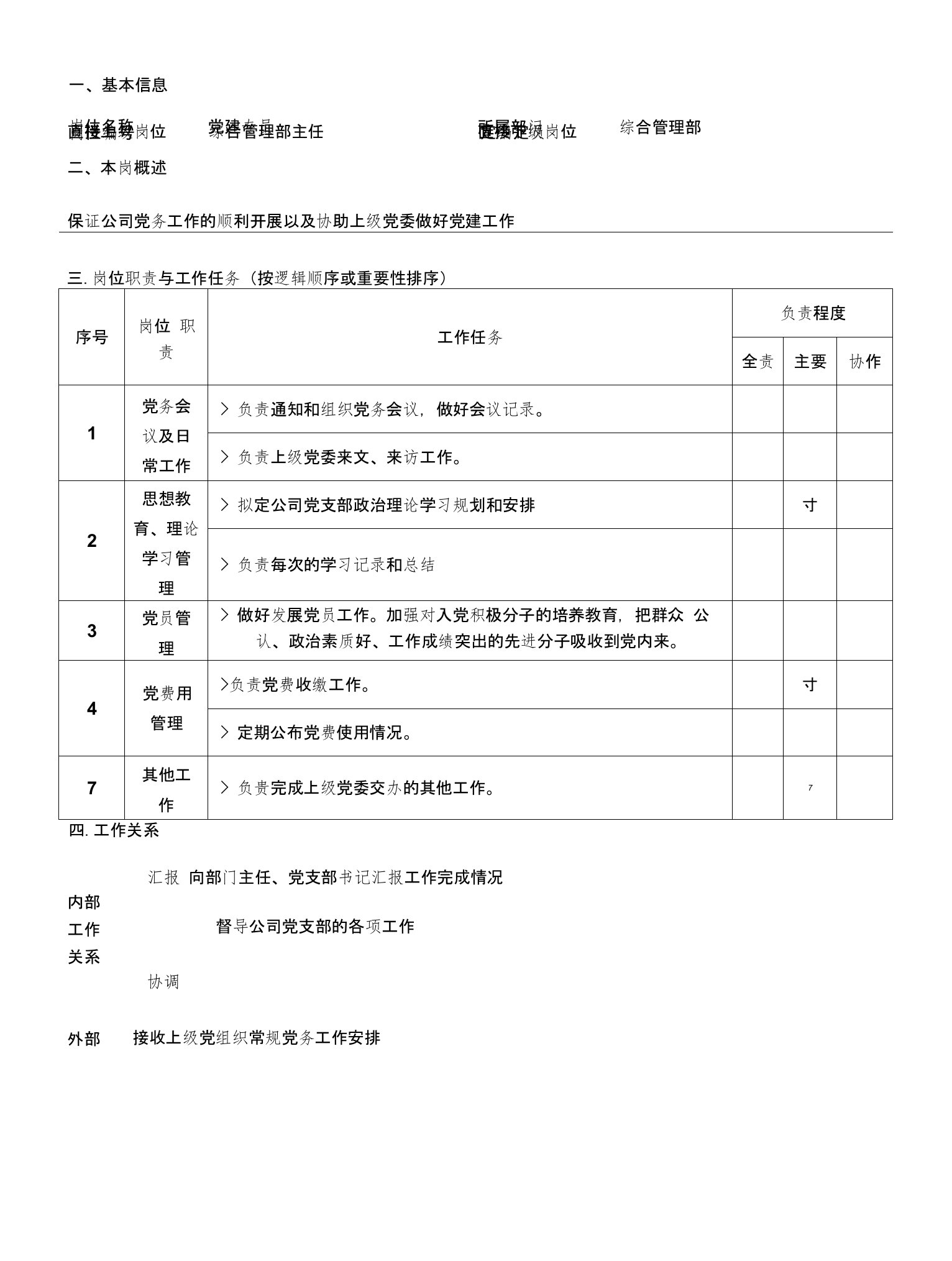 综合管理部党建岗位说明书