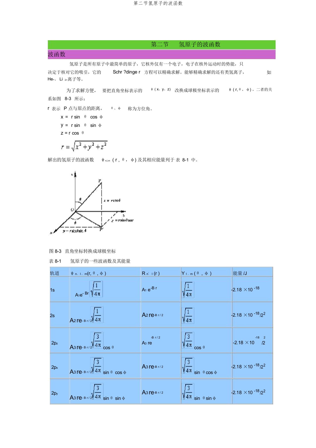 第二节氢原子的波函数