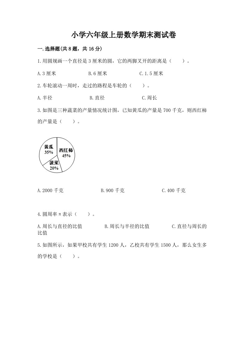 小学六年级上册数学期末测试卷【真题汇编】