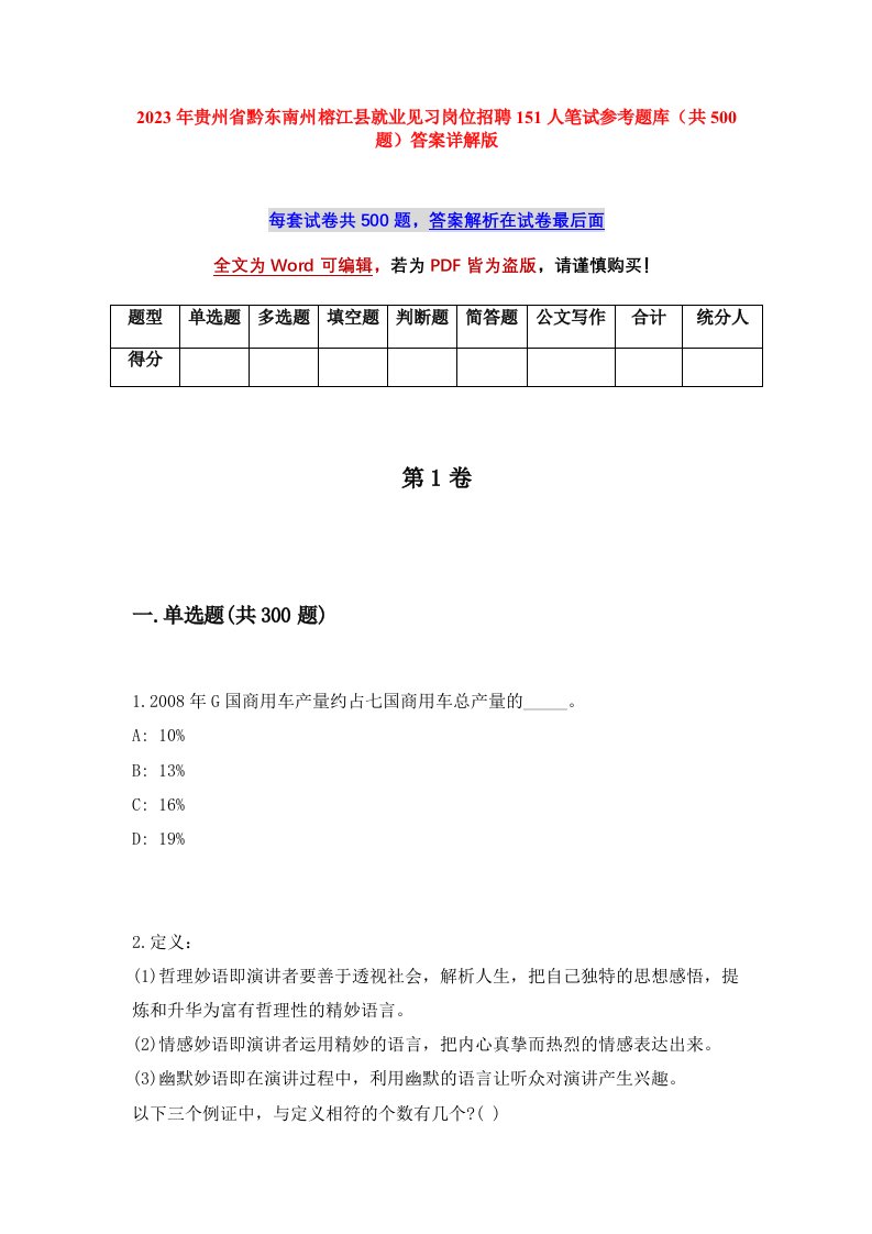 2023年贵州省黔东南州榕江县就业见习岗位招聘151人笔试参考题库共500题答案详解版