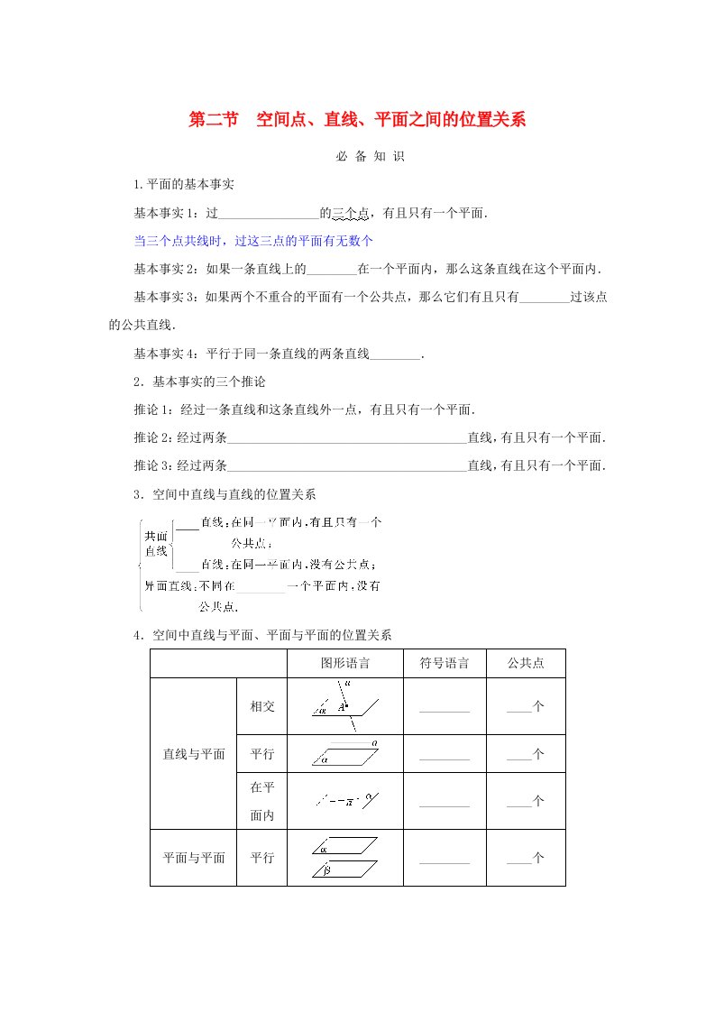 2025版高考数学全程一轮复习课前预备案第七章立体几何与空间向量第二节空间点直线平面之间的位置关系