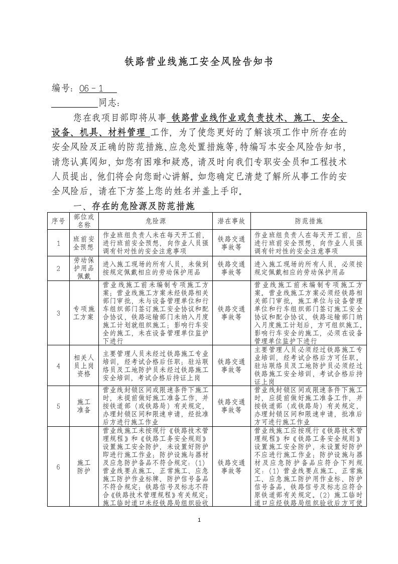 铁路营业线施工安全风险告知书