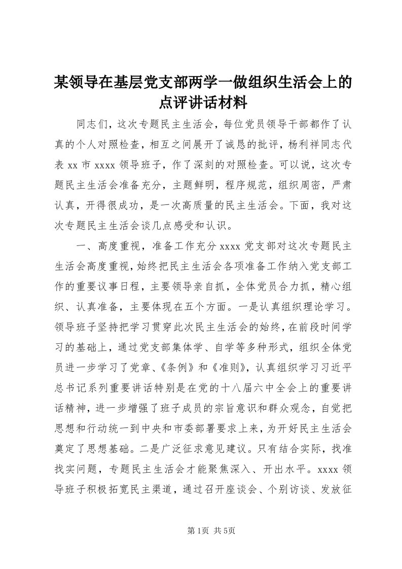 4某领导在基层党支部两学一做组织生活会上的点评致辞材料