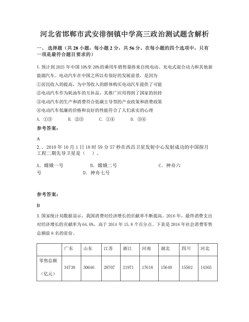 河北省邯郸市武安徘徊镇中学高三政治测试题含解析