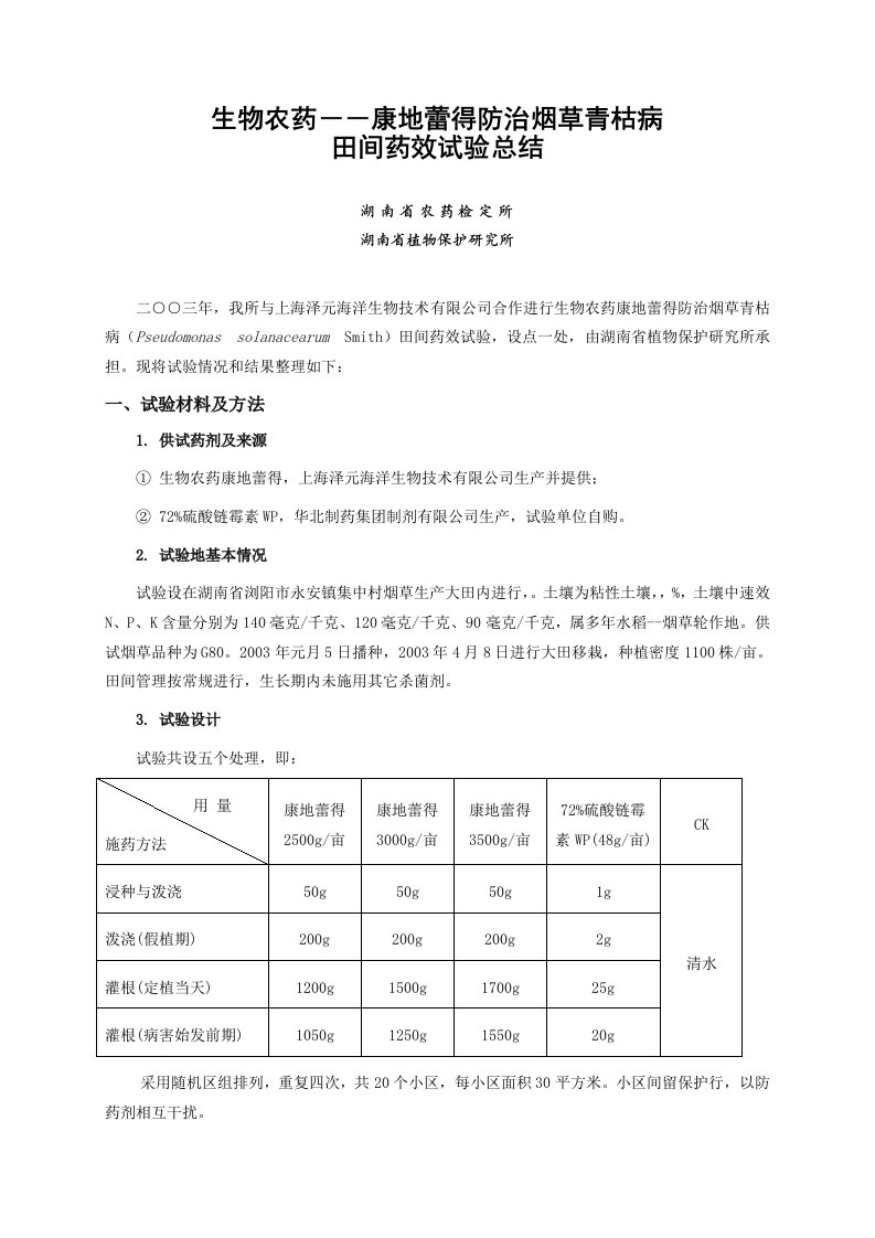 生物农药康地蕾得防治烟草青枯病田间药效试验报告