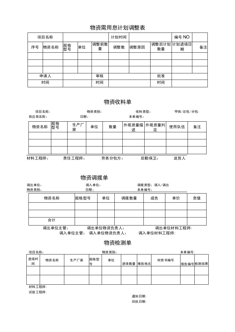 工程项目物资管理相关表格