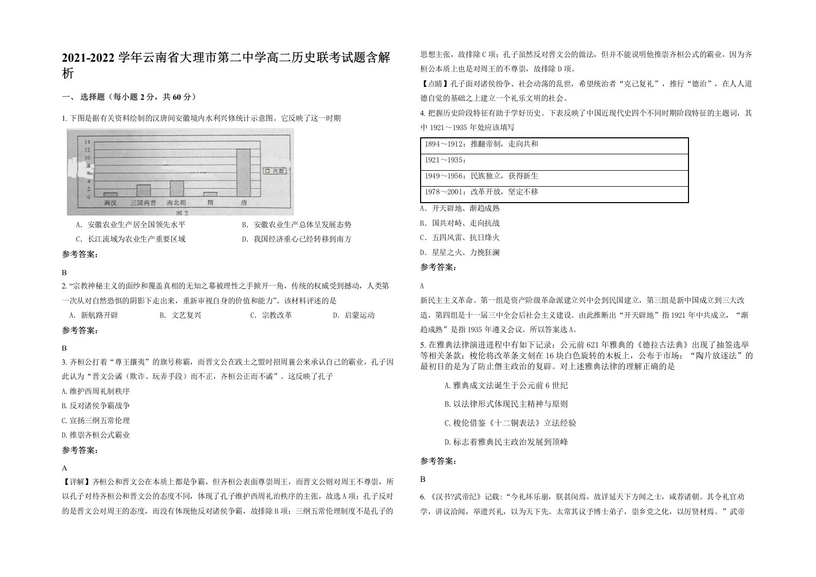 2021-2022学年云南省大理市第二中学高二历史联考试题含解析