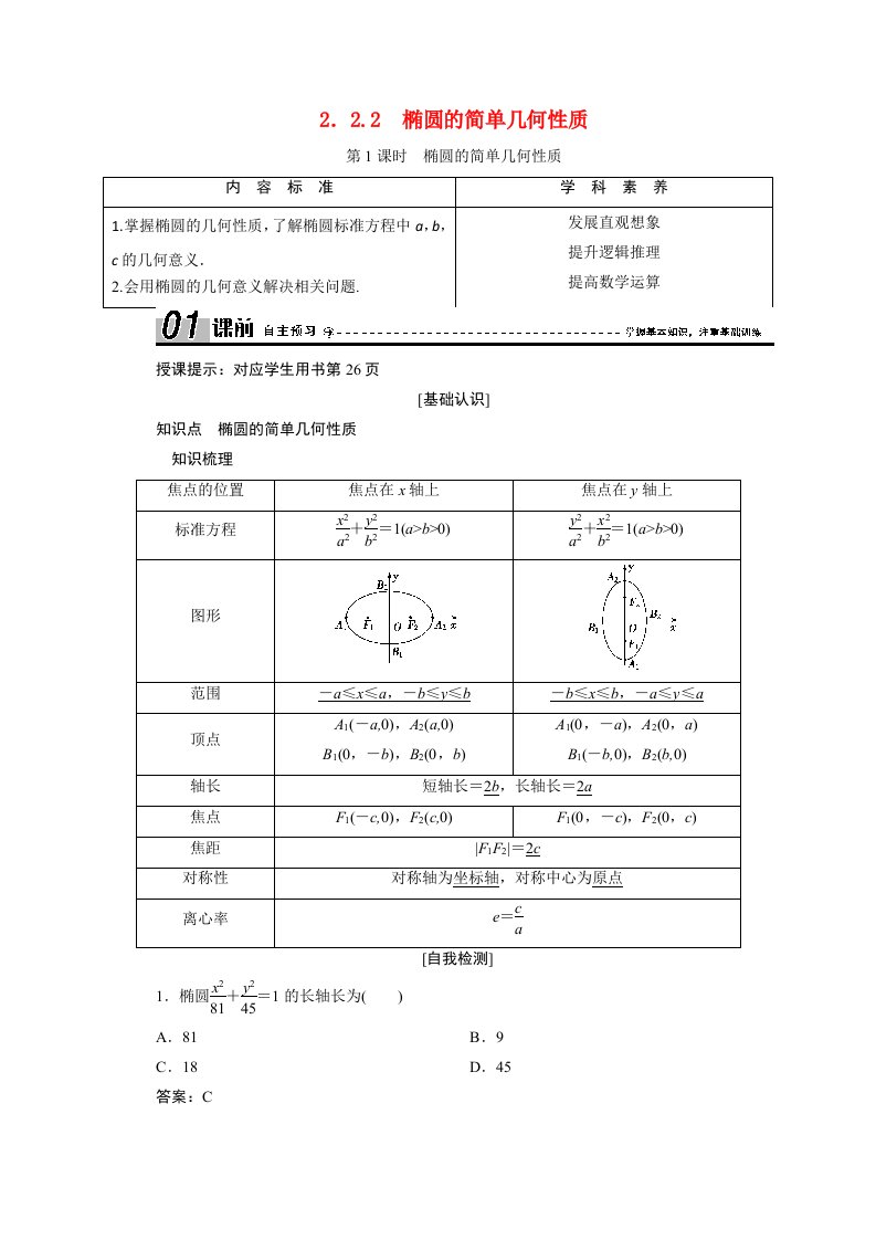 2020_2021学年高中数学第二章圆锥曲线与方程2.2.2第1课时椭圆的简单几何性质学案含解析新人教A版选修2_1