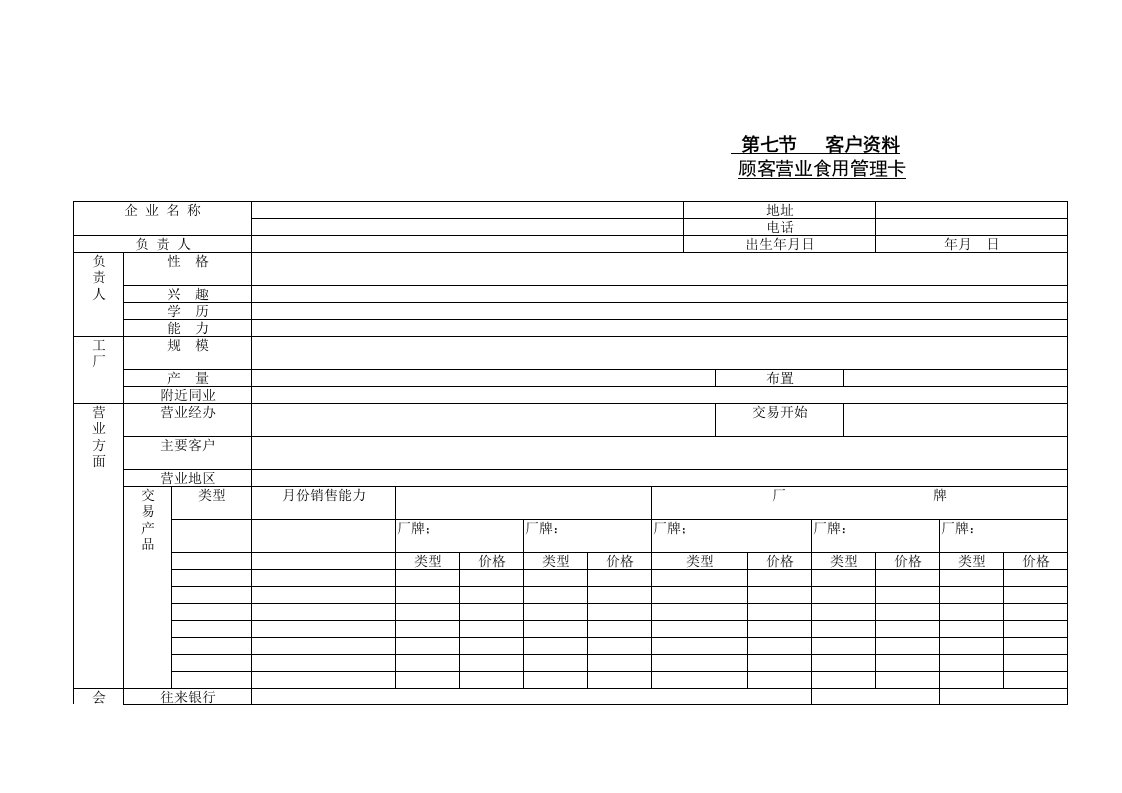 顾客营业信用管理卡