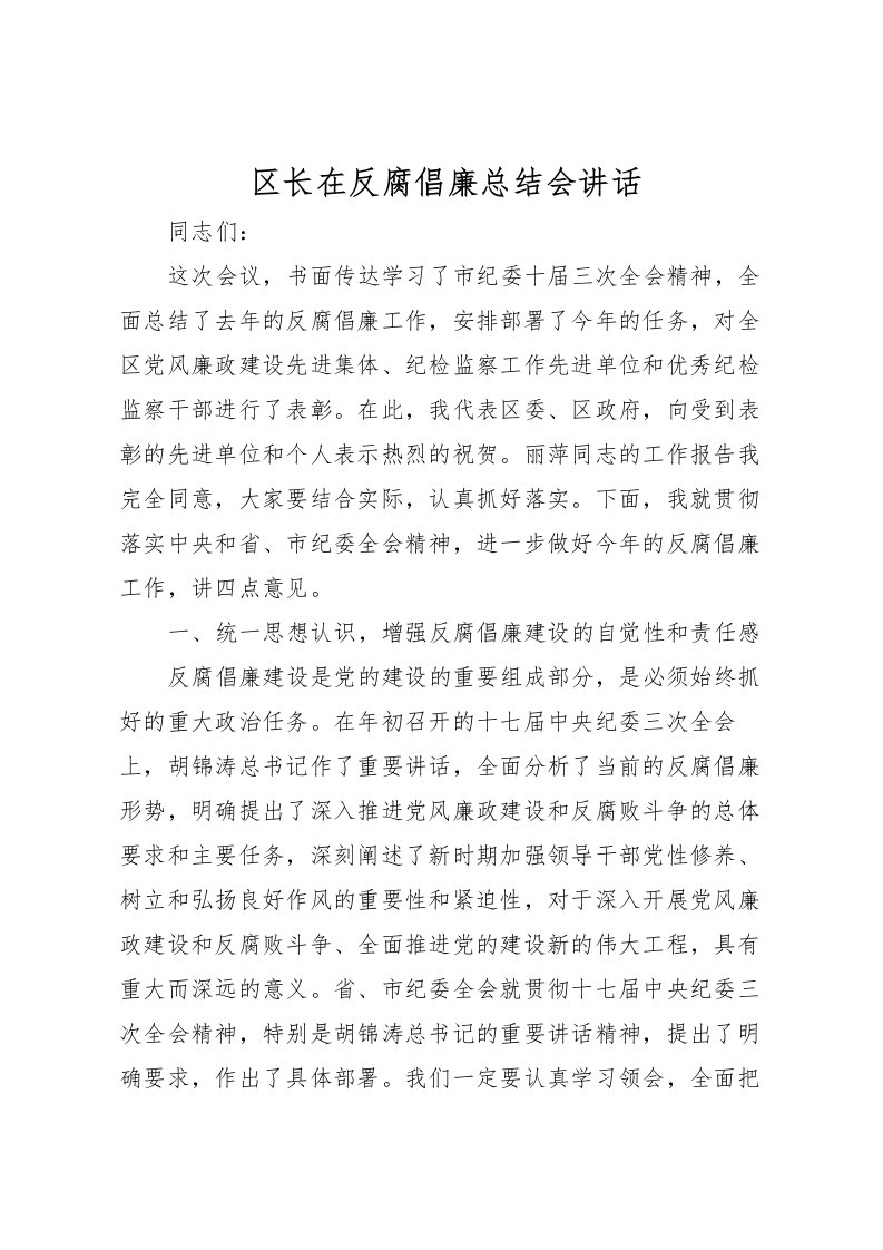 2022区长在反腐倡廉总结会讲话