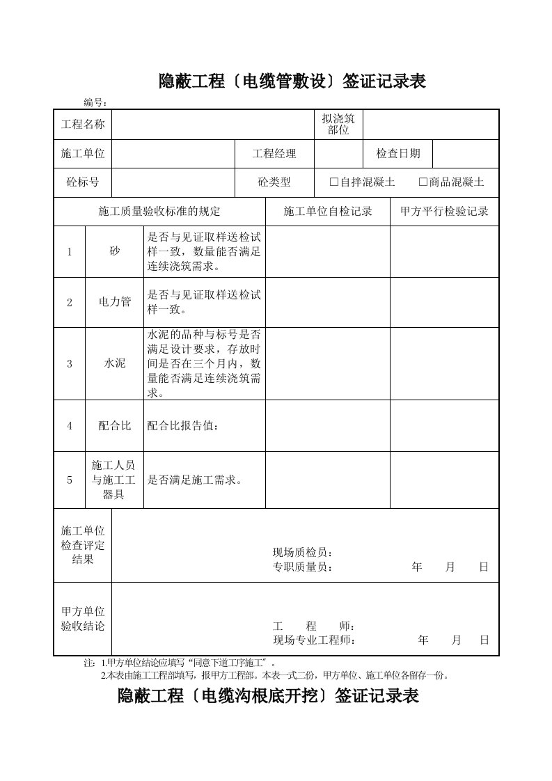 最新隐蔽工程签证记录表