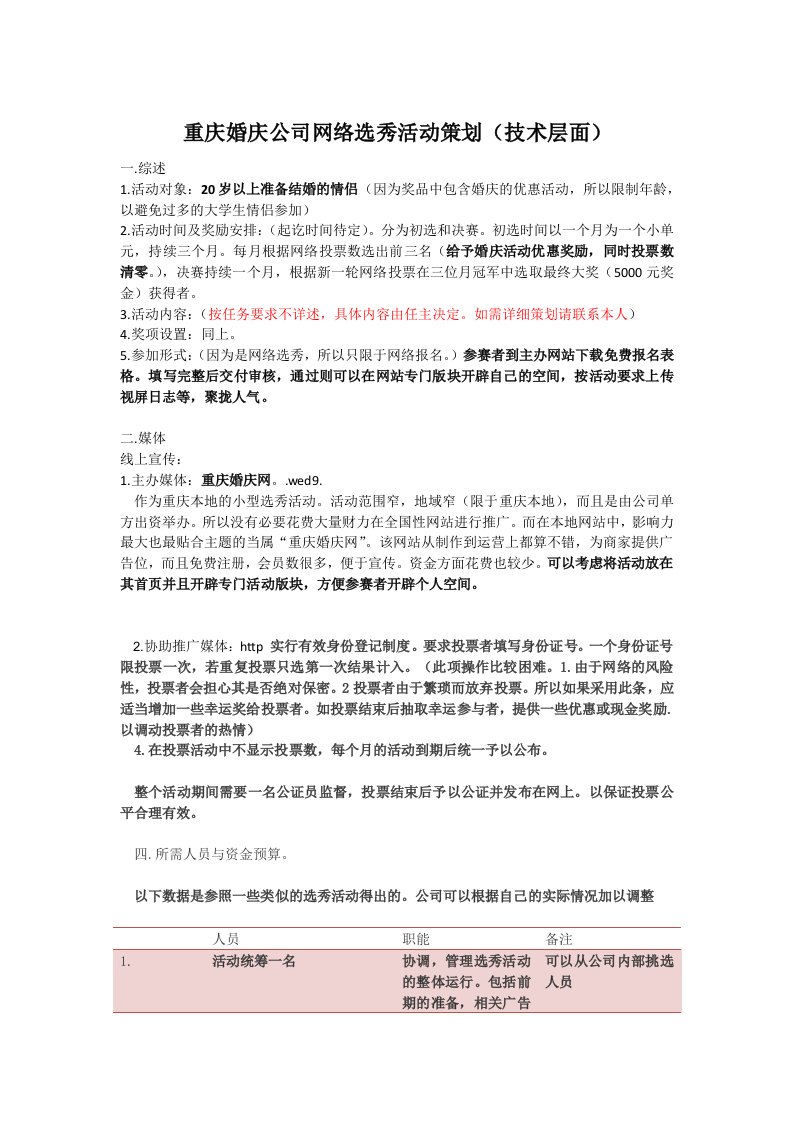 策划方案-重庆婚庆公司网络选秀活动策划技术层面