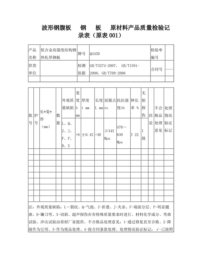 波形钢腹板质量检验记录表