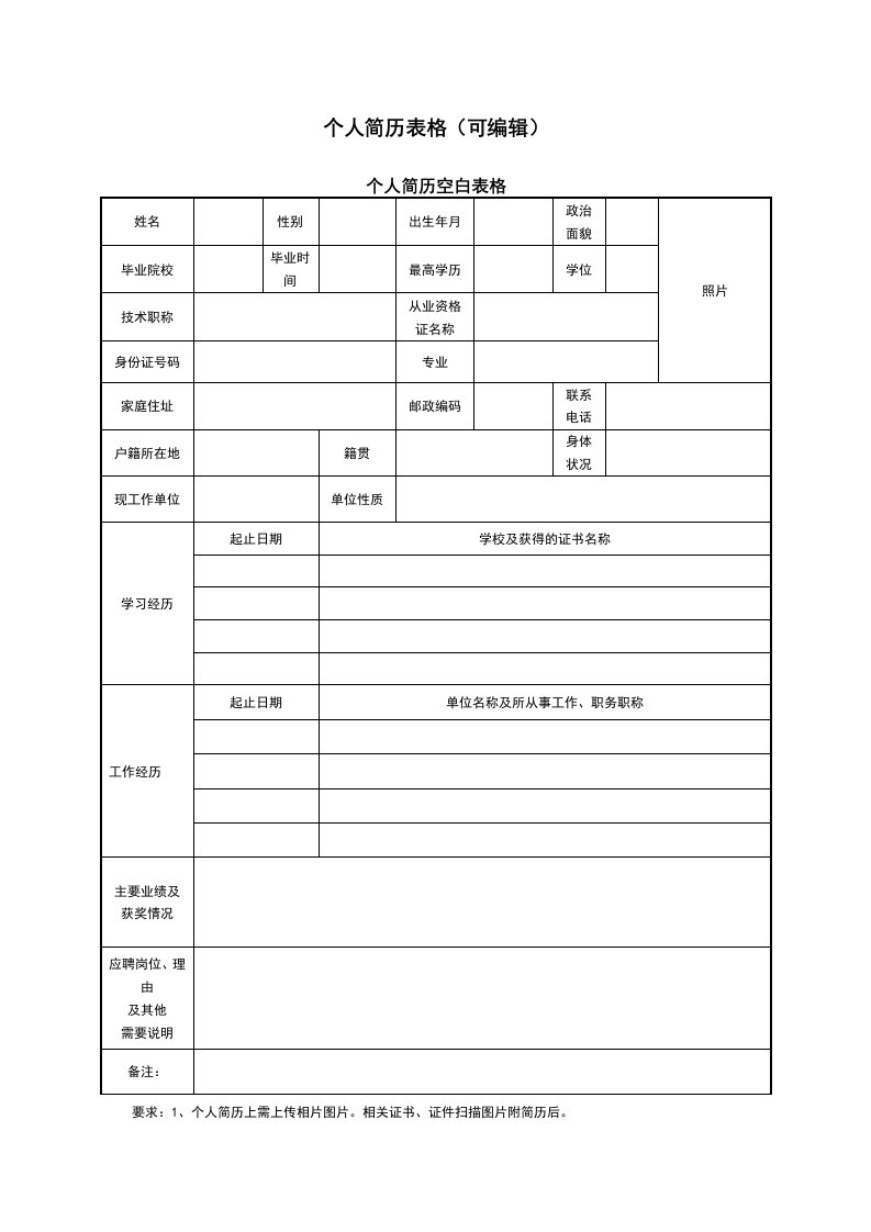 个人简历表格(可编辑)