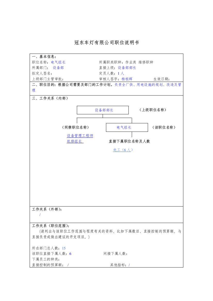 冠东车灯公司设备部电气组长职位说明书