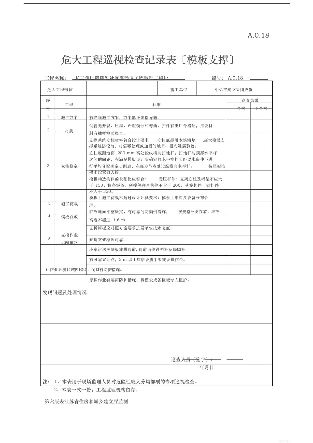 危大工程巡视检查记录表-(模板支撑)