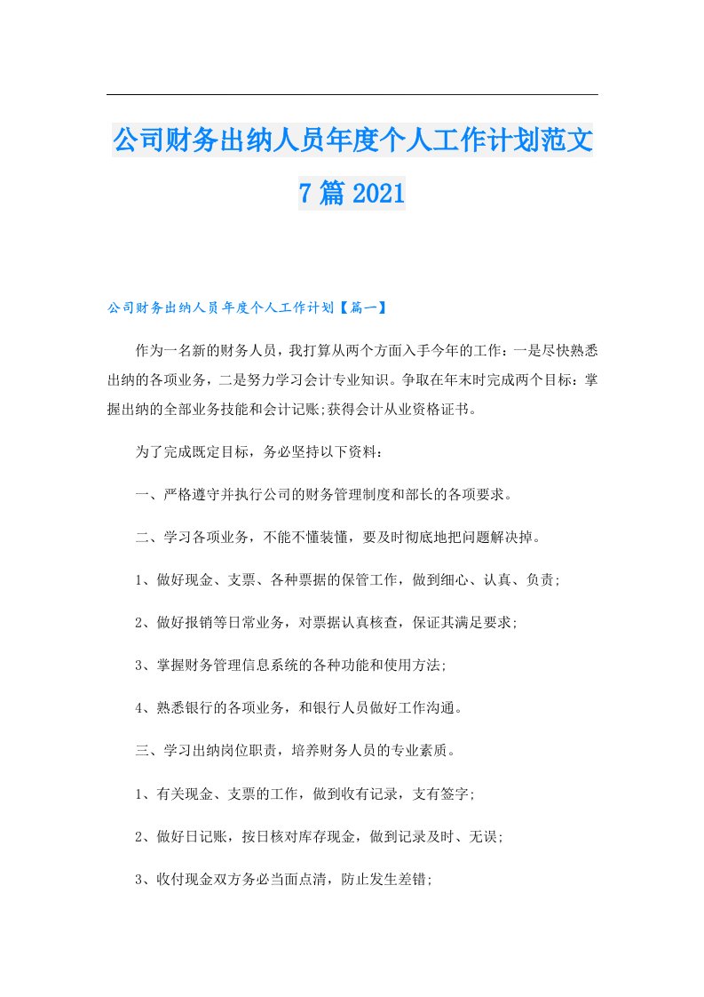 公司财务出纳人员年度个人工作计划范文7篇