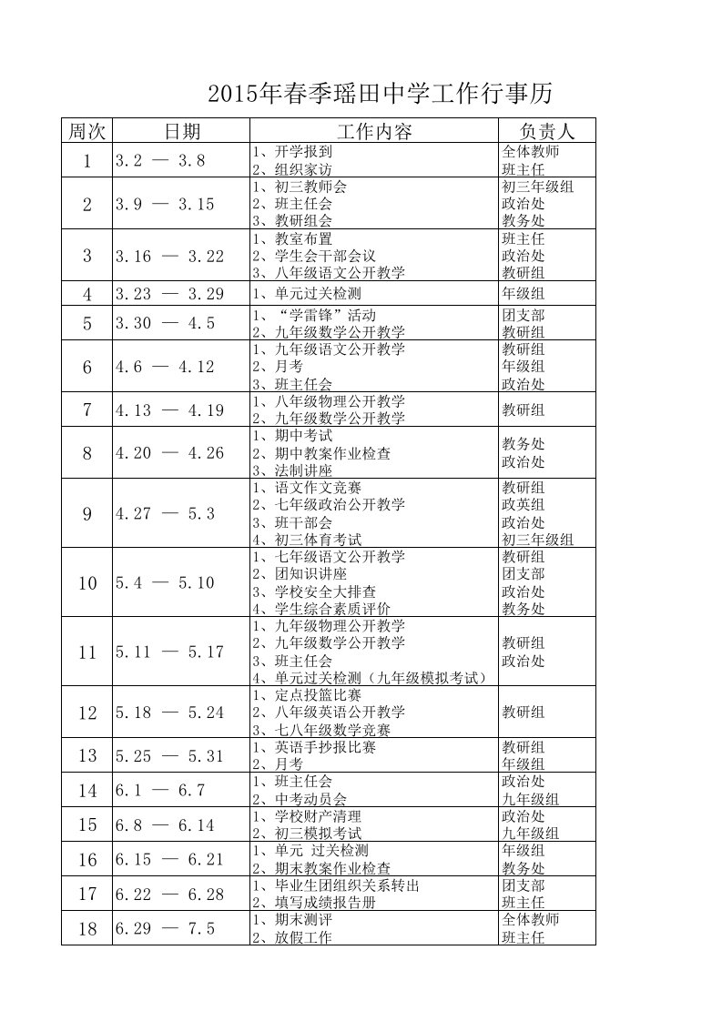 2015年春季学校工作周历(行事历)模板