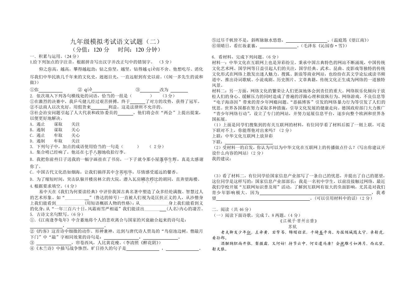 九年级模拟考试语文试题