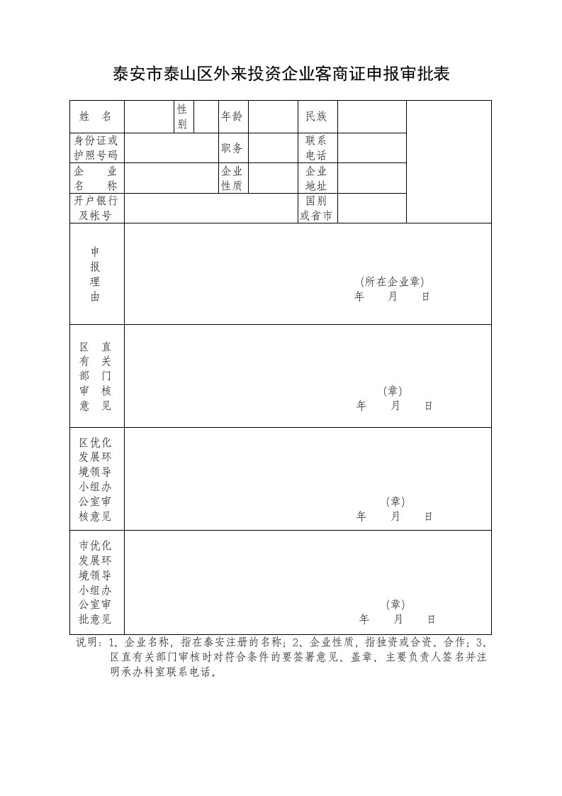 泰安市泰山区外来投资企业客商证申报审批表