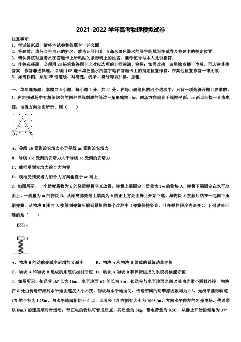 2022届上海市虹口区高三下学期第一次联考物理试卷含解析