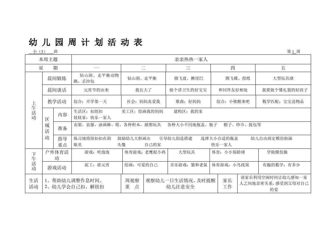 幼儿园周计划活动表(小班)