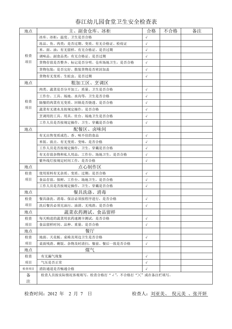 春江幼儿园食堂卫生安全检查表