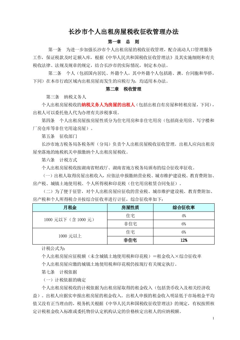 长沙市个人出租房屋税收征收办法