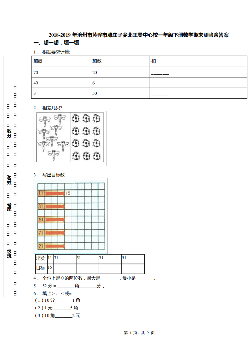 2018-2019年沧州市黄骅市滕庄子乡北王曼中心校一年级下册数学期末测验含答案