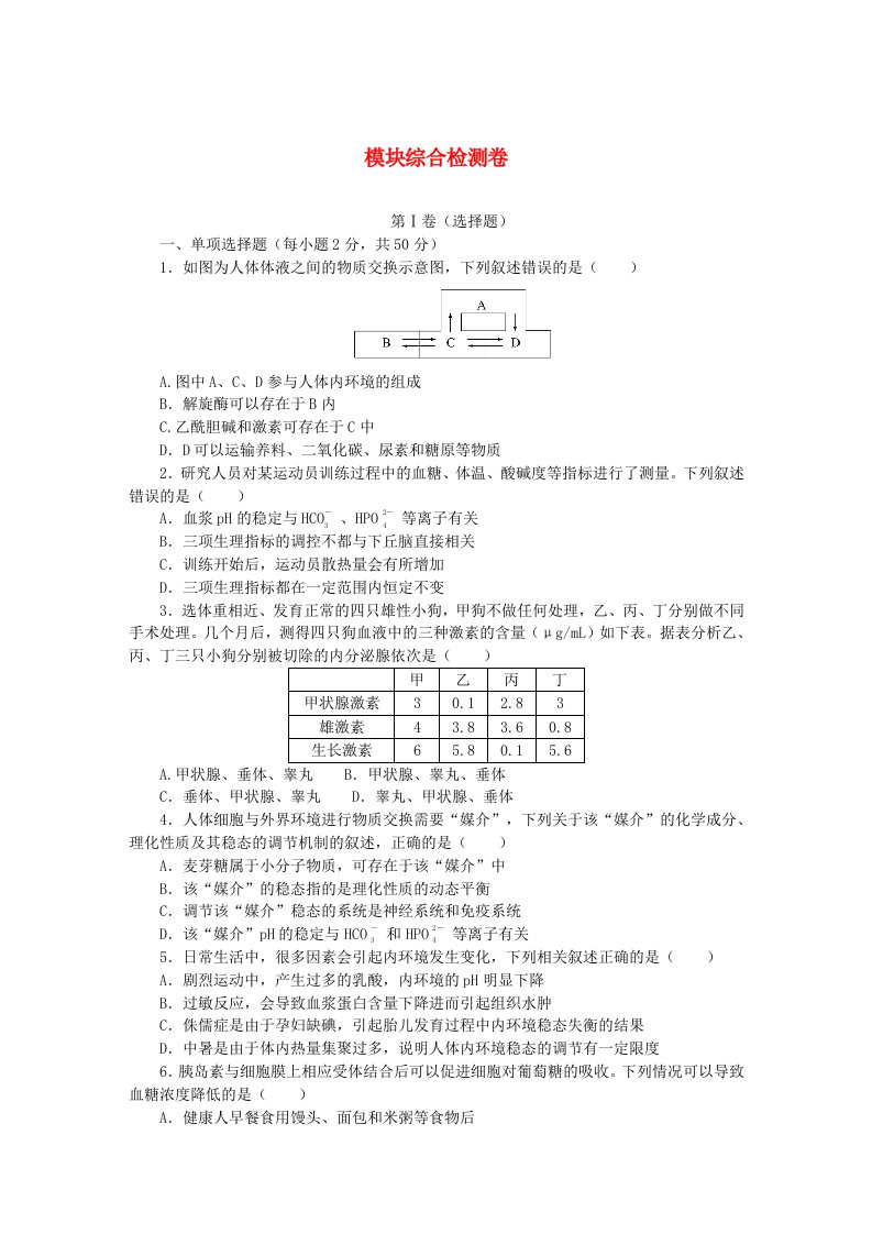 2023版新教材高中生物模块综合检测卷新人教版选择性必修1