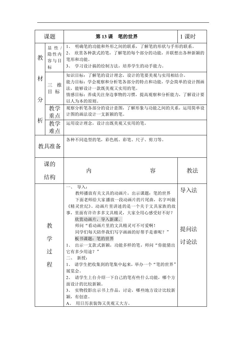 人美版美术六上《笔的世界》表格教案