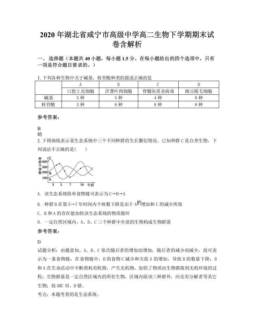 2020年湖北省咸宁市高级中学高二生物下学期期末试卷含解析