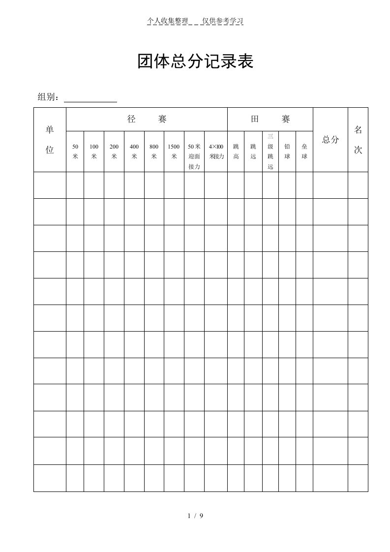 田径运动会各种用表、检录表、统计表（明细）