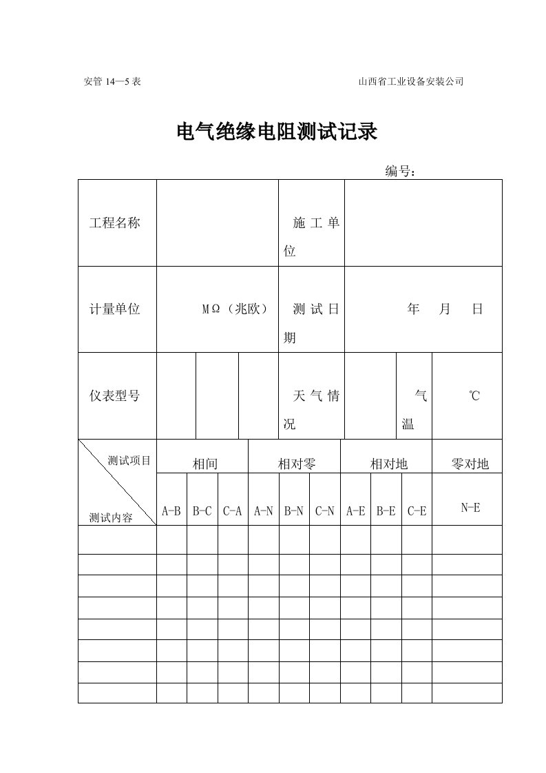 电气绝缘电阻、接地电阻测试记录表参考资料