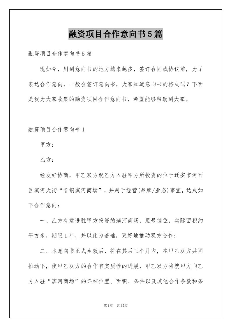 融资项目合作意向书5篇例文