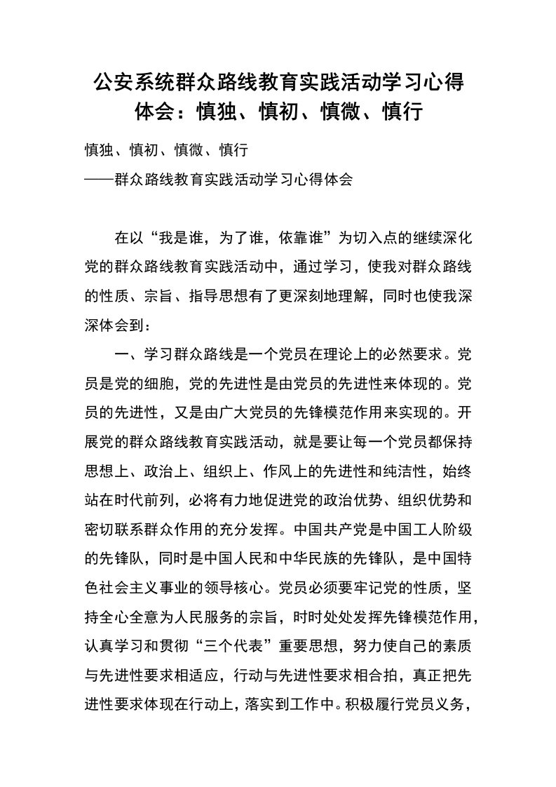 公安系统群众路线教育实践活动学习心得体会：慎独、慎初、慎微、慎行