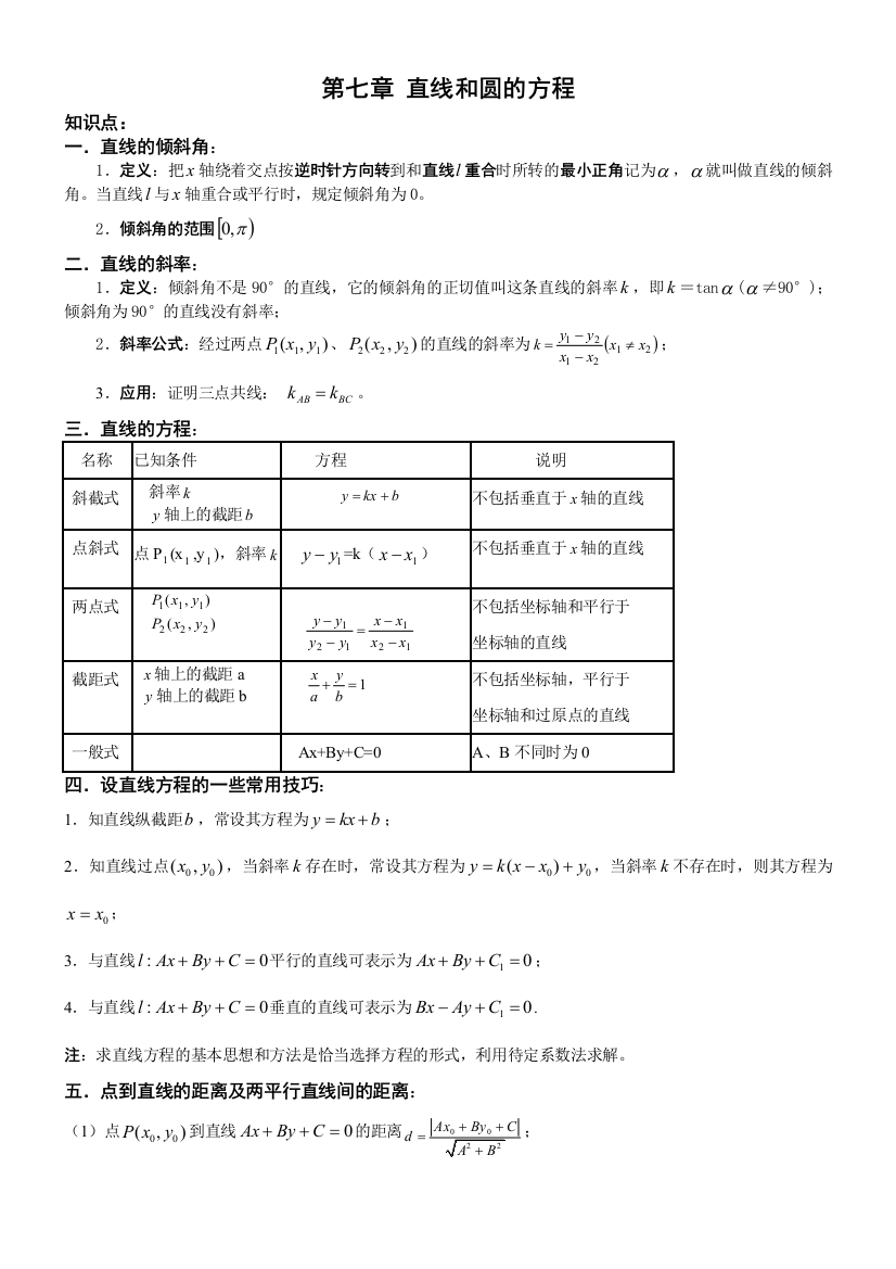 家教直线和圆的方程知识点总结及基础训练题