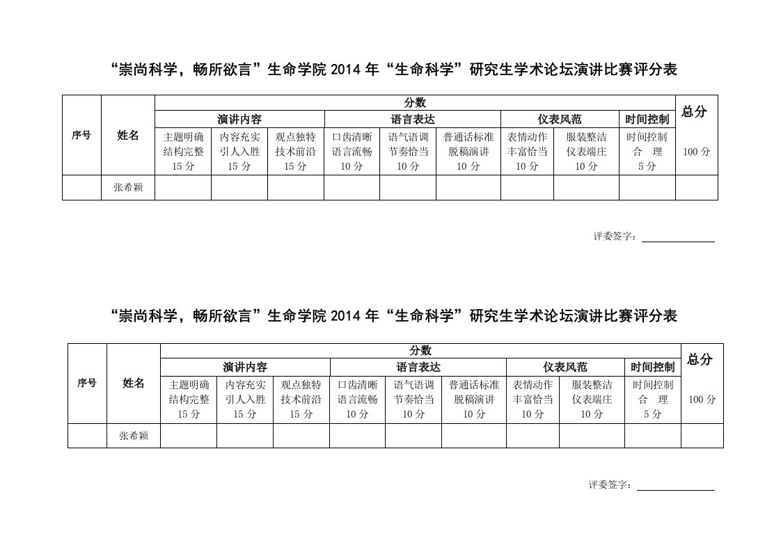 学术演讲比赛评委评分表