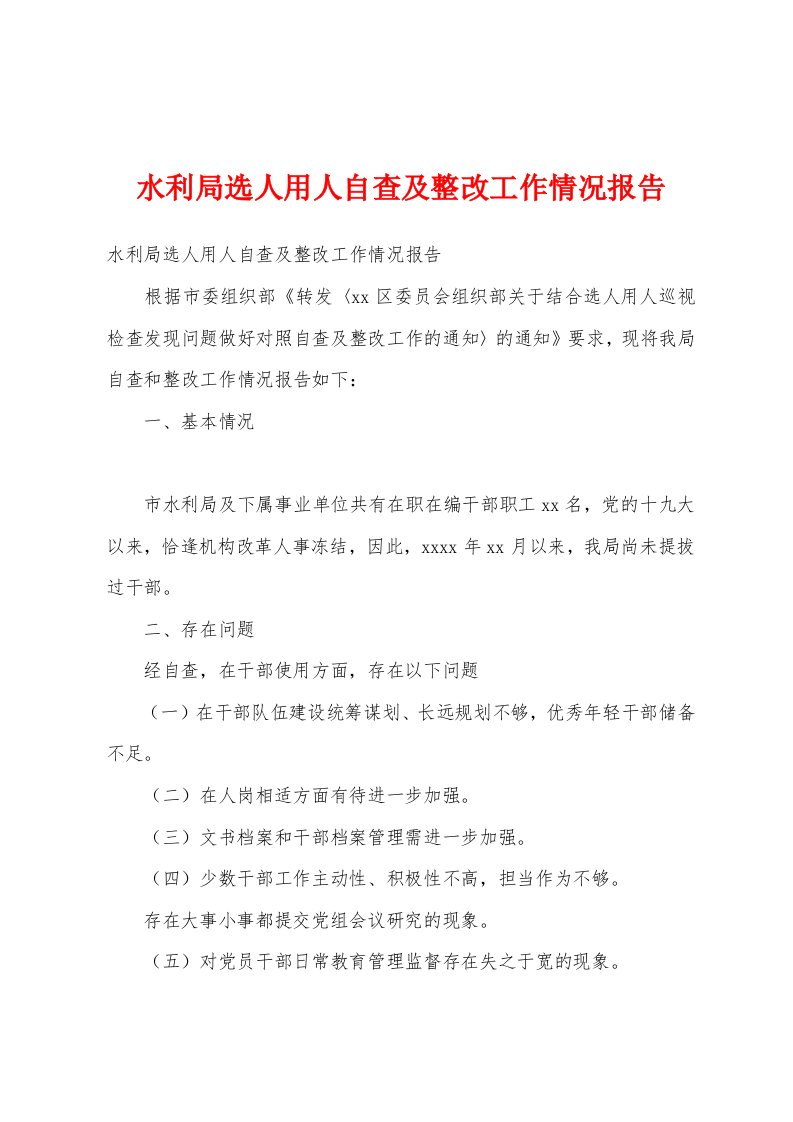 水利局选人用人自查及整改工作情况报告