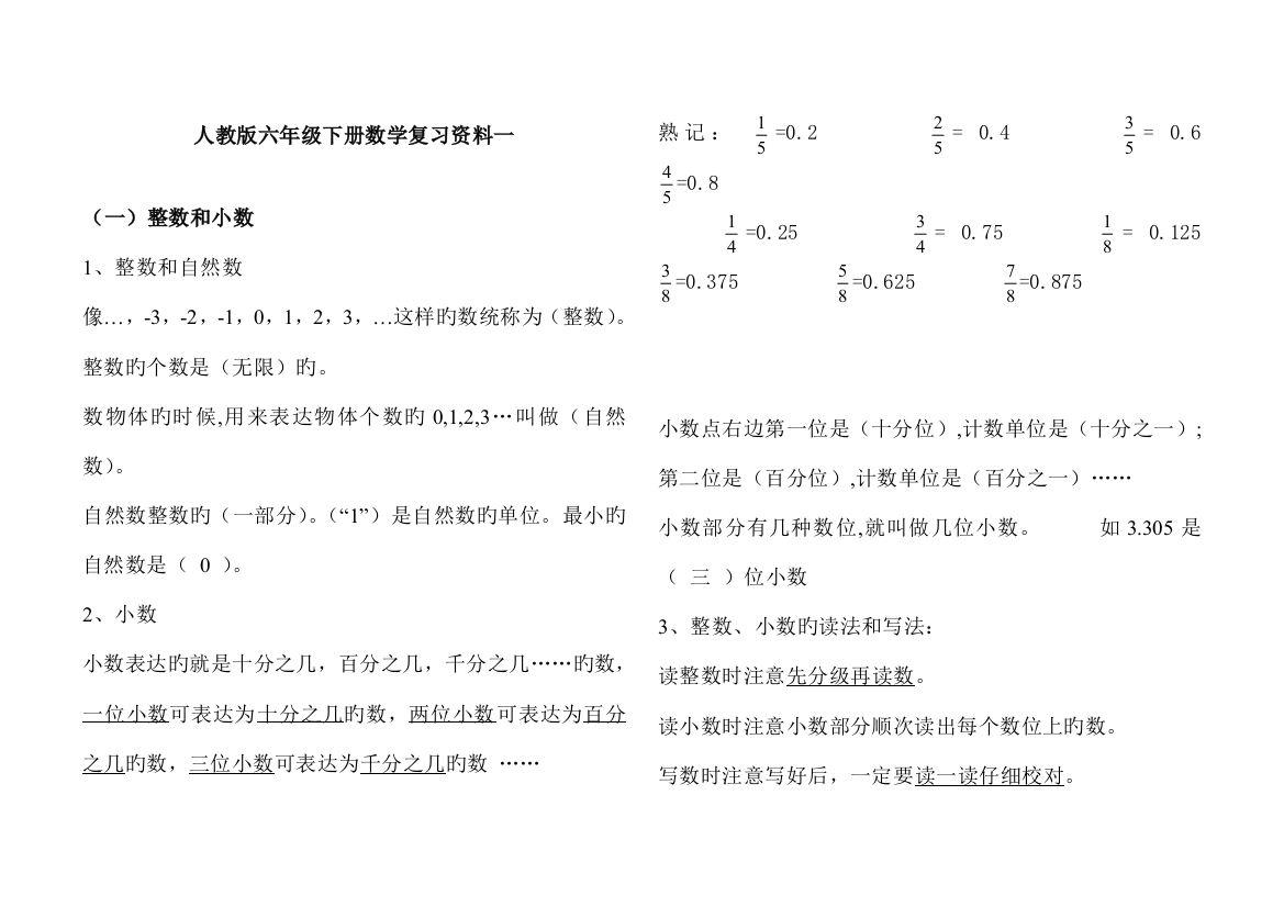 2023年人教版小升初数学复习资料精华版