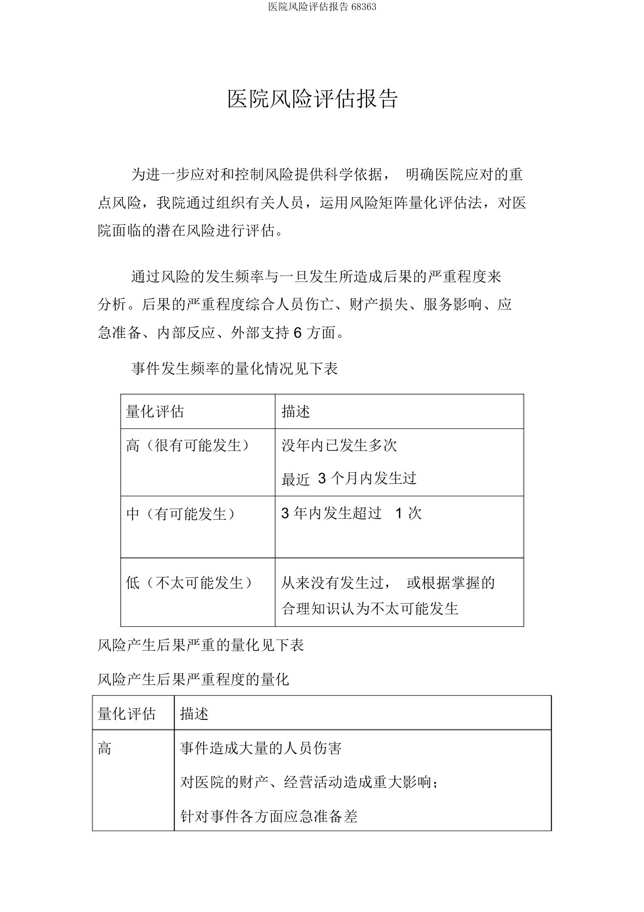 医院风险评估报告