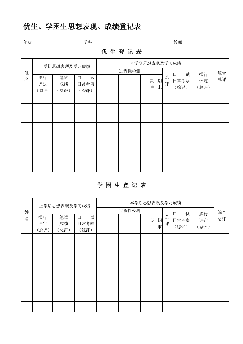 小学培优辅差跟踪表